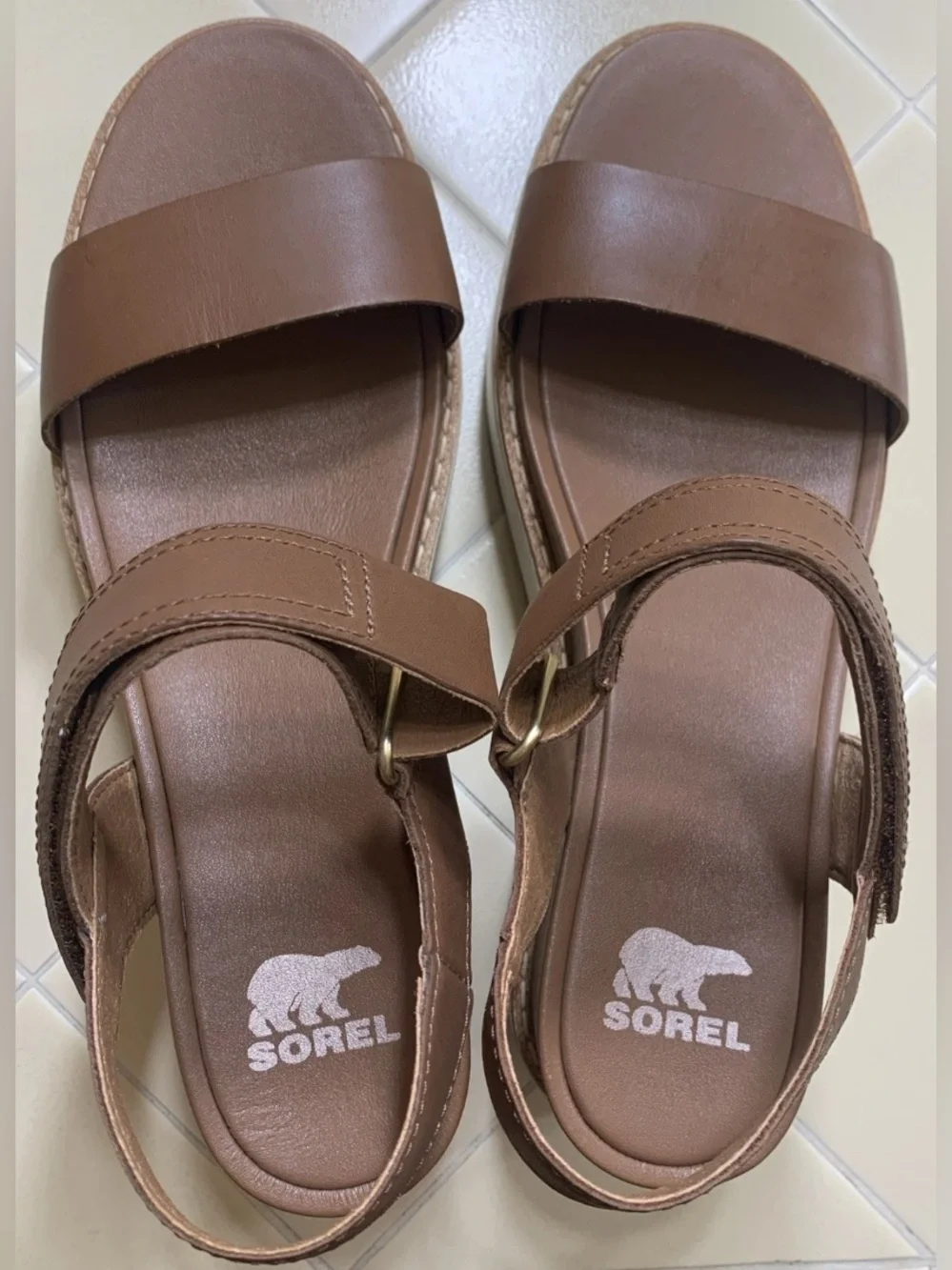 Sorel Women's Joanie IV Y Strap Wedge Sandals Velvet Tan Brown Leather Size 8.5